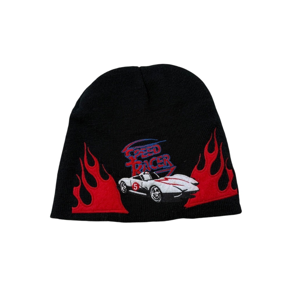 Speed Racer Beanie Hat Black Red Flame Racing Cap Motorsports Y2K Grunge Cartoon